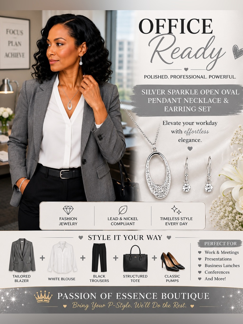 Silver Sparkle Open Oval Pendant Necklace & Earring Set